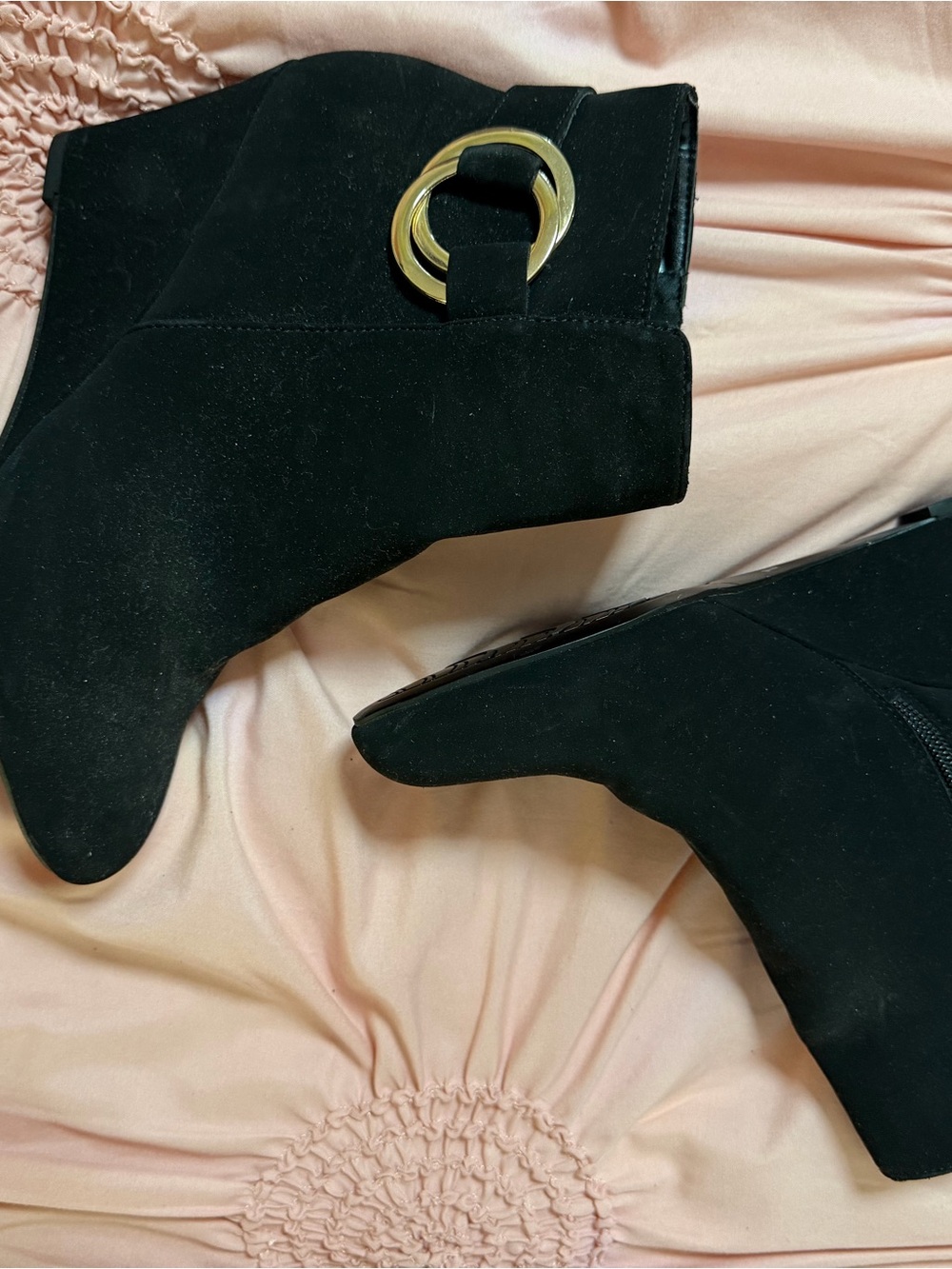 Black Suede Ankle Booties with Gold Ring Accent
